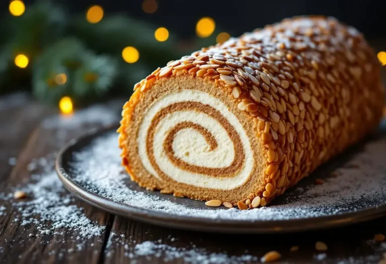 Bûche roulée de Noël façon Philippe Etchebest : praliné maison, ganache montée et croustillant d’amandes en robe dorée