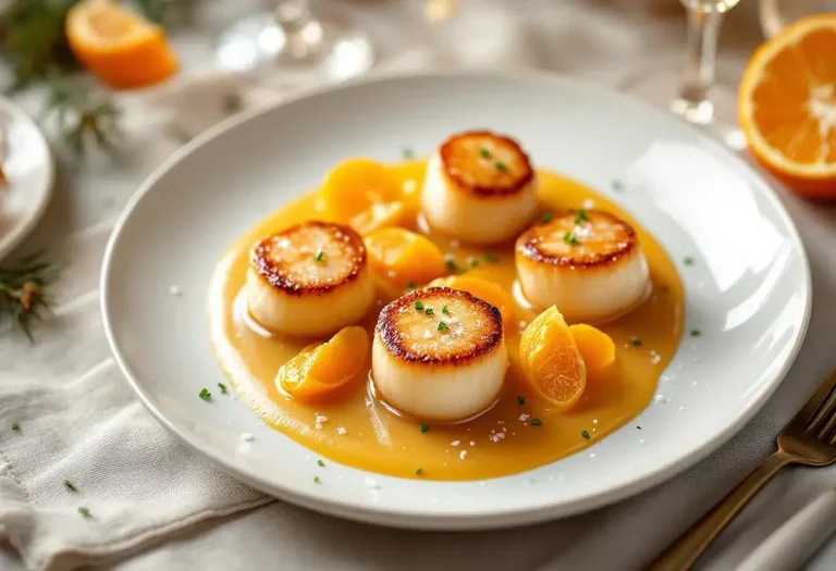 Saint‑Jacques rôties, clémentines caramélisées et sauce aux agrumes : l’entrée de fête légère qui met tout le monde d’accord