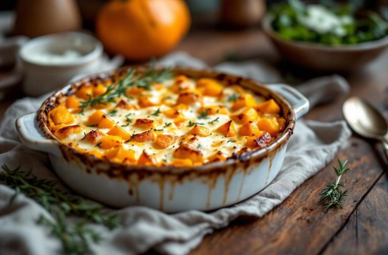 Gratin de butternut au fromage frais au four : douceur fondante, herbes fraîches et crème pour réchauffer les soirs d’hiver