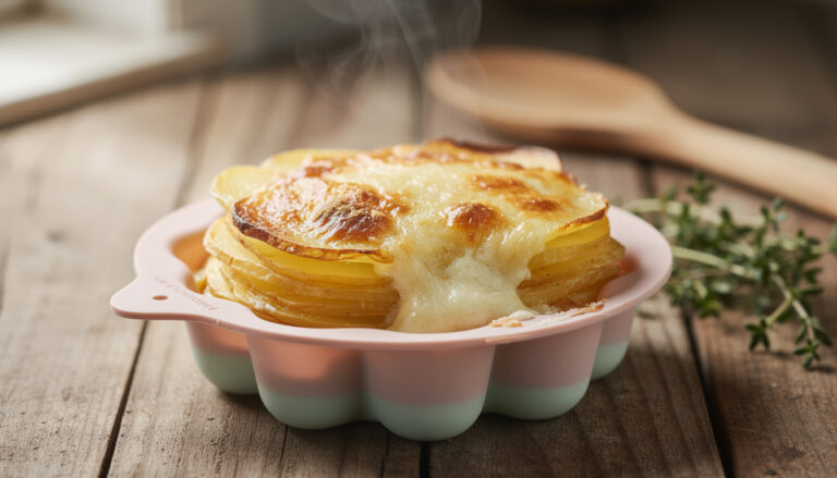 découvrez une recette simple et rapide de gratin dauphinois individuel, cuite dans des moules en silicone pour une cuisson parfaite et un démoulage facile.